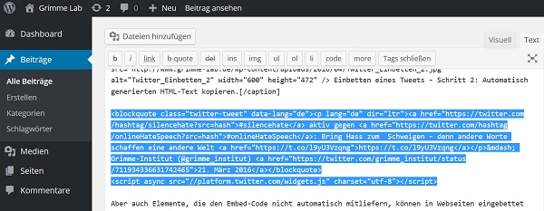 Einbetten eines Tweets - Schritt 3: HTML-Code in den HTML-Editor des Content-Management-Systems kopieren.